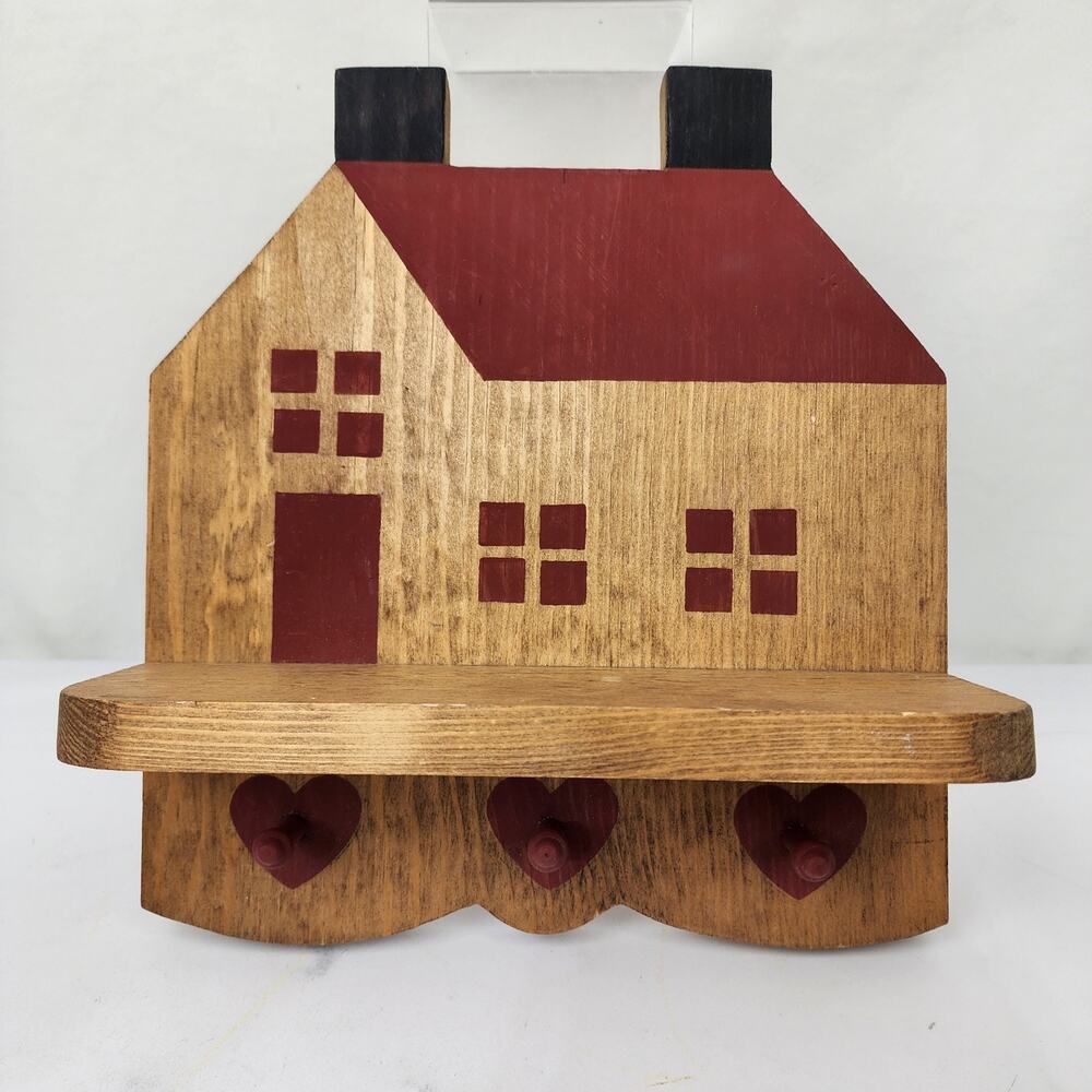 1980s Wood Shelf Cabin Shaped / Hearts Wall Hanging Hand Painted Country 3 Pegs